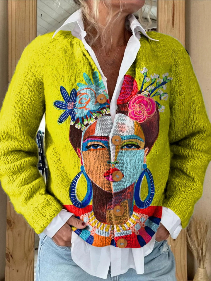 Ola - Oil Painting Freda Portrait Art Printed Buttoned Cardigan