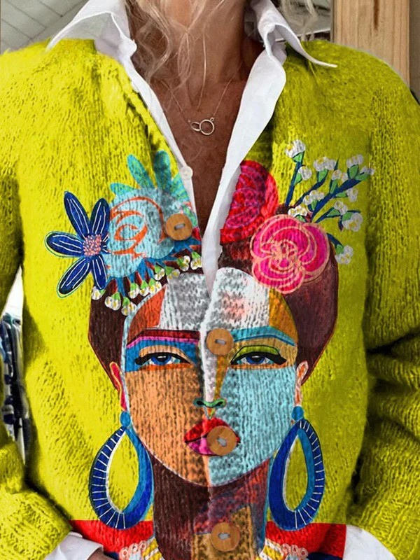 Ola - Oil Painting Freda Portrait Art Printed Buttoned Cardigan