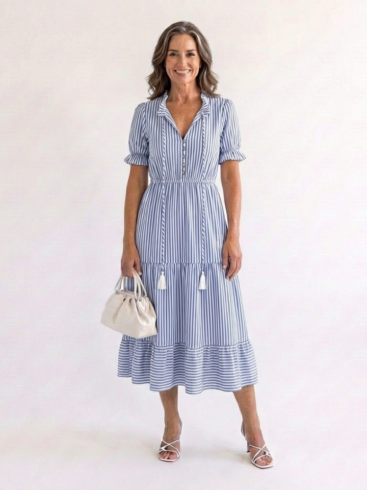 Dakota | Short-Sleeved Striped Layered Midi Dress