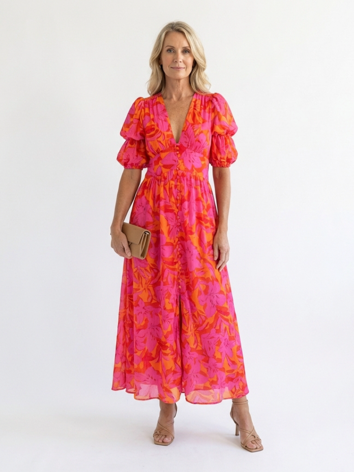 Willow | Floral V-Neck Midi Dress with Puff Sleeves