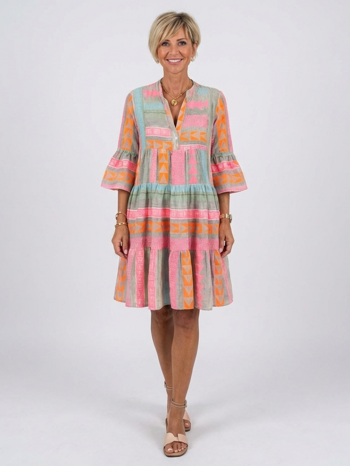 Maelle | Geometric Print V-Neck Tiered Dress in Knee Length