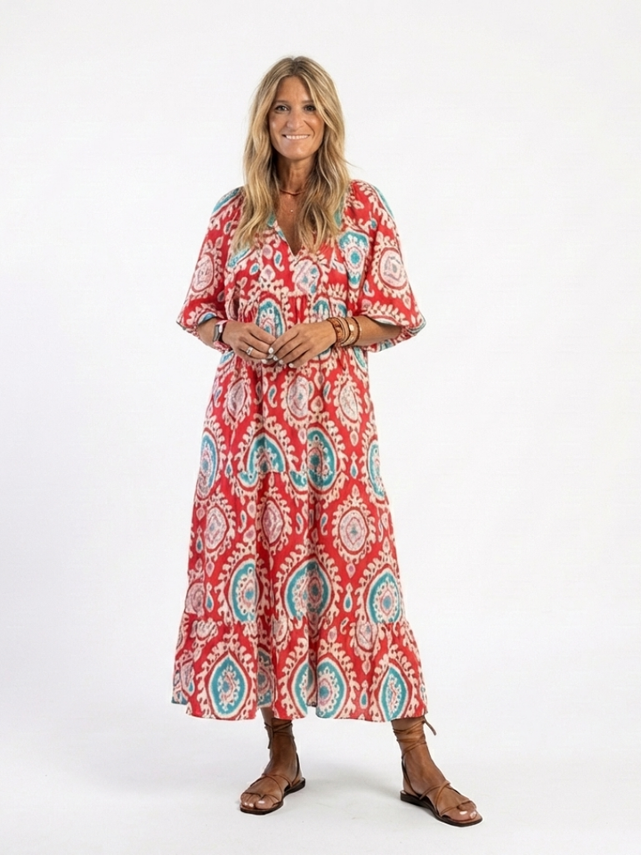 Zaria | Paisley-Print V-Neck Short Sleeve Midi Dress