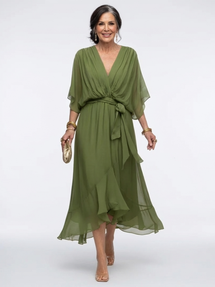 Elysia | V-Neck Draped Waist Midi Dress
