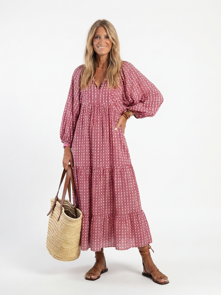 Arlette | Geometric Print Midi Dress with Long Sleeves