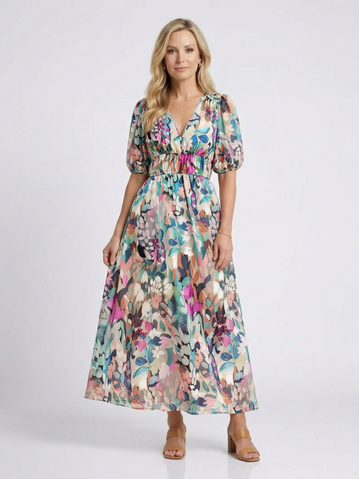 Eulalie | V-Neck Short Sleeve Gathered Waist Midi Dress