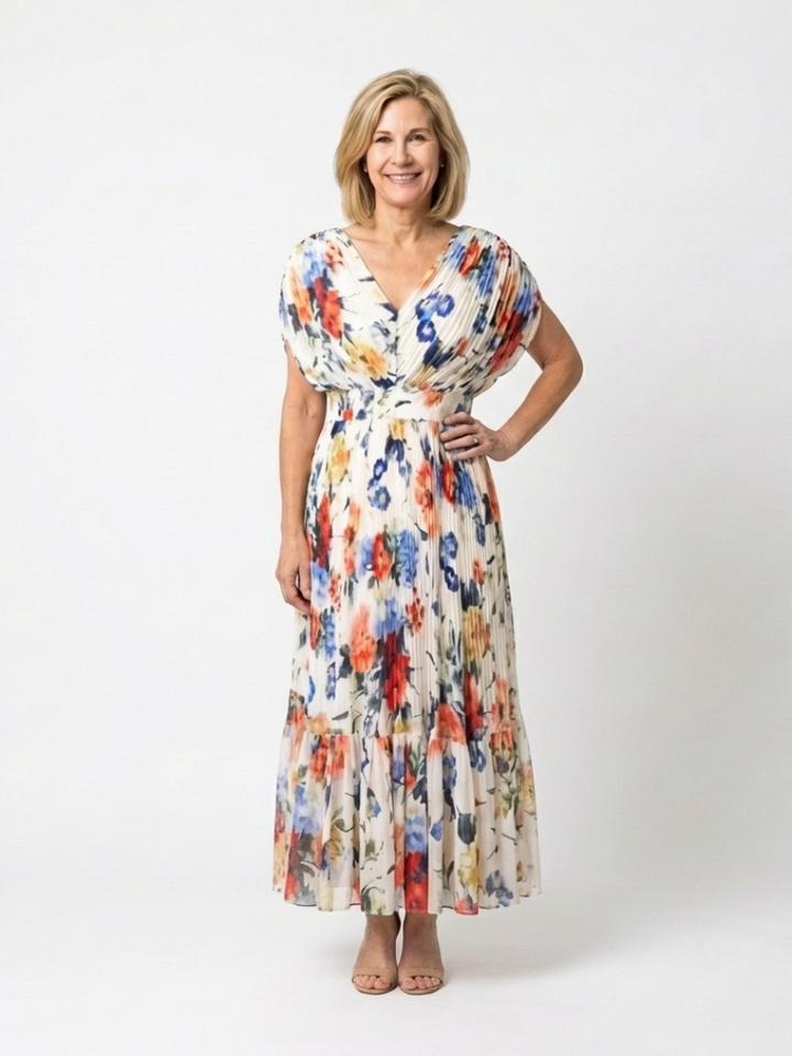 Savannah | Short, sleeveless, pleated midi dress