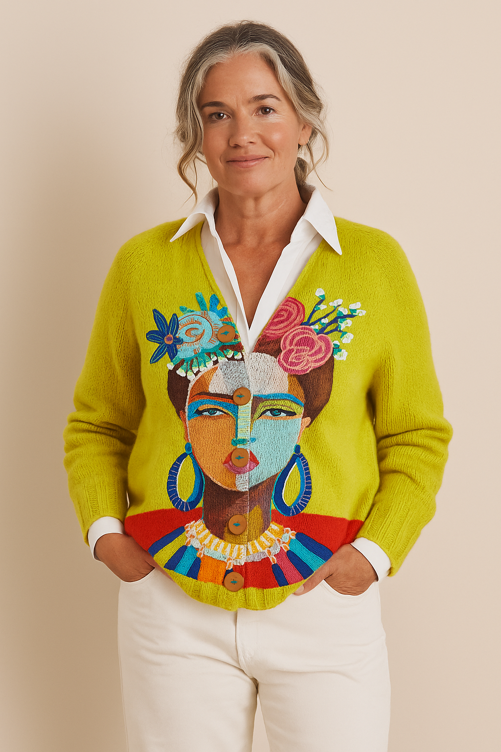 Ola - Oil Painting Freda Portrait Art Printed Buttoned Cardigan