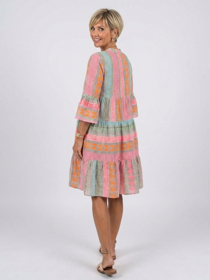 Maelle | Geometric Print V-Neck Tiered Dress in Knee Length