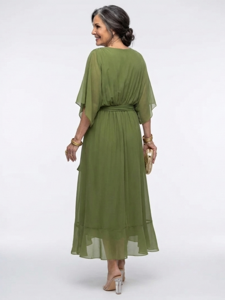 Elysia | V-Neck Draped Waist Midi Dress