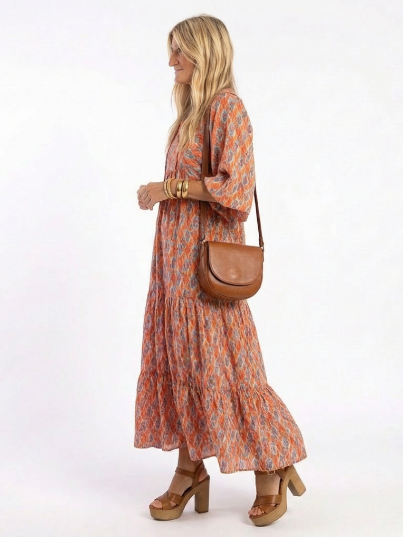 Amara | Geometric Print V-Neck Layered Midi Dress