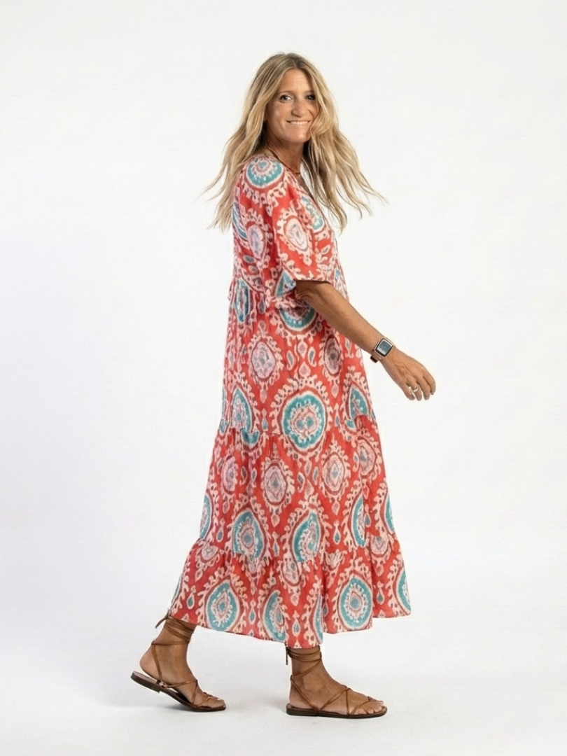 Zaria | Paisley-Print V-Neck Short Sleeve Midi Dress