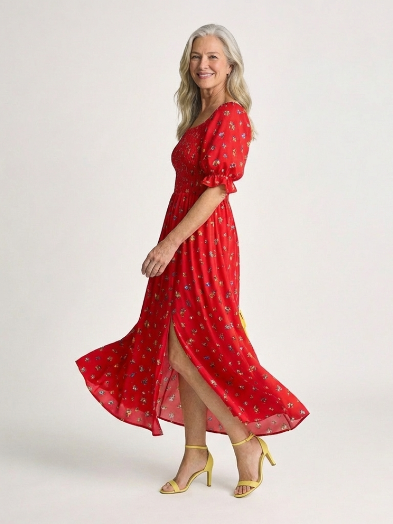 Delphine | Midi Dress with Square Neckline and Floral Pattern