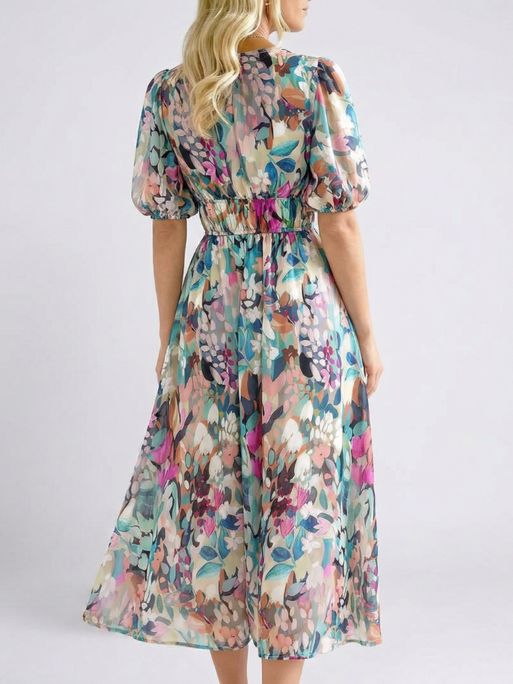 Eulalie | V-Neck Short Sleeve Gathered Waist Midi Dress