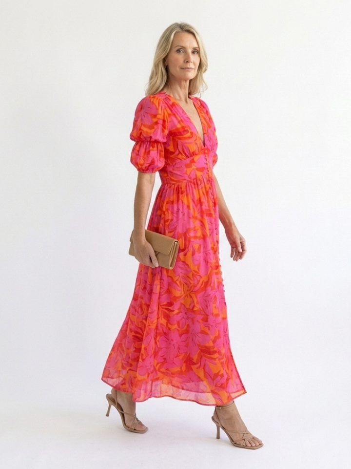 Willow | Floral V-Neck Midi Dress with Puff Sleeves