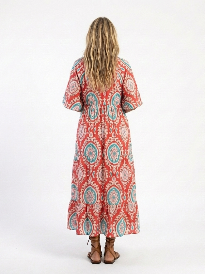 Zaria | Paisley-Print V-Neck Short Sleeve Midi Dress