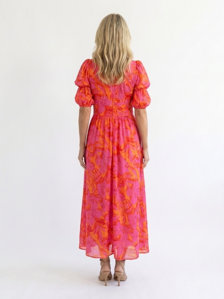 Willow | Floral V-Neck Midi Dress with Puff Sleeves