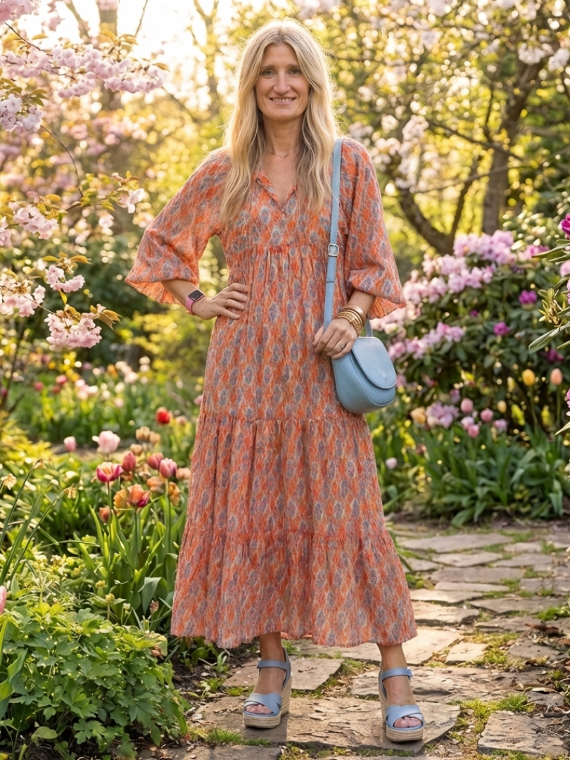 Amara | Geometric Print V-Neck Layered Midi Dress
