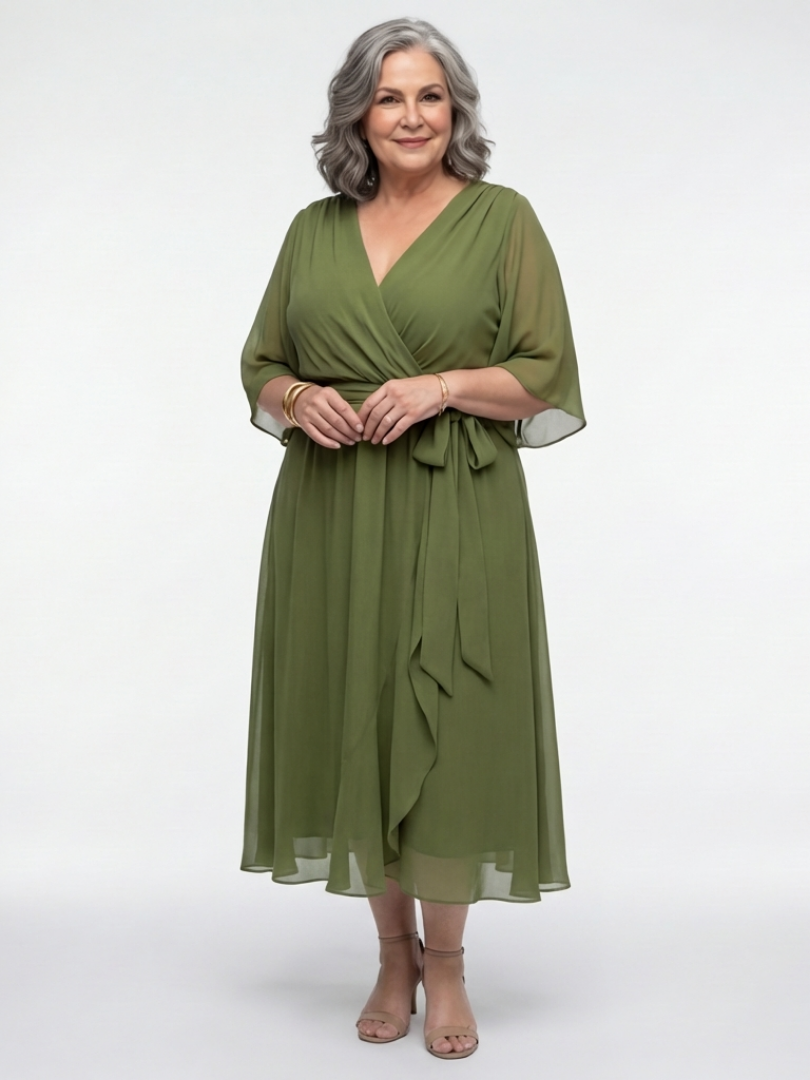 Elysia | V-Neck Draped Waist Midi Dress