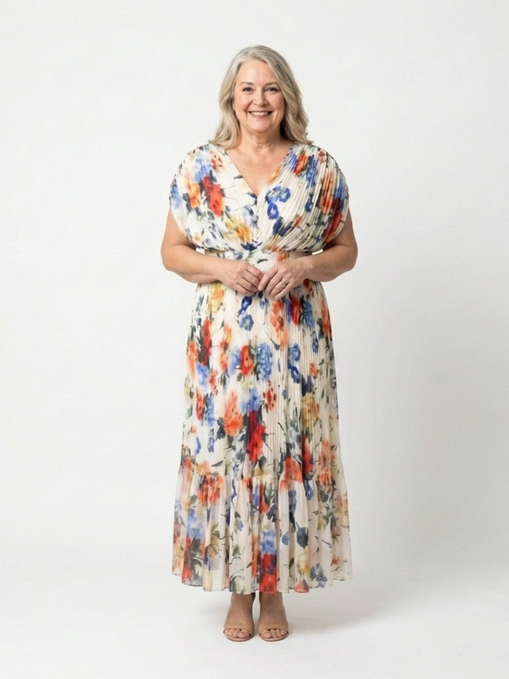 Savannah | Short, sleeveless, pleated midi dress
