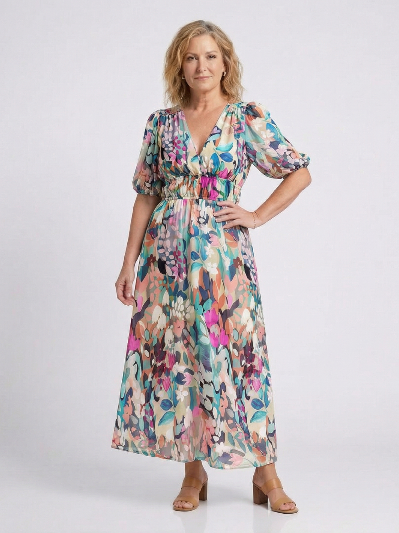Eulalie | V-Neck Short Sleeve Gathered Waist Midi Dress