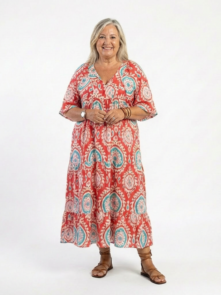 Zaria | Paisley-Print V-Neck Short Sleeve Midi Dress