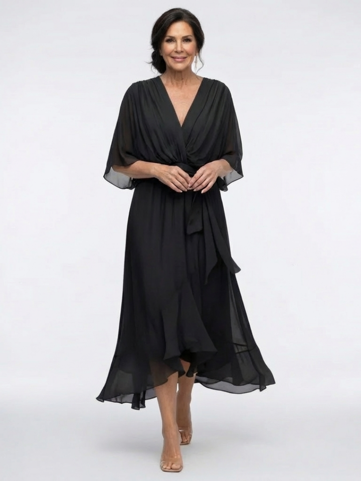 Elysia | V-Neck Draped Waist Midi Dress