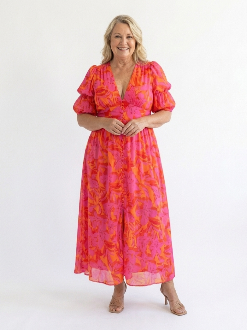 Willow | Floral V-Neck Midi Dress with Puff Sleeves