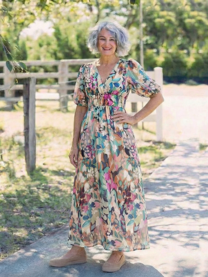 Eulalie | V-Neck Short Sleeve Gathered Waist Midi Dress