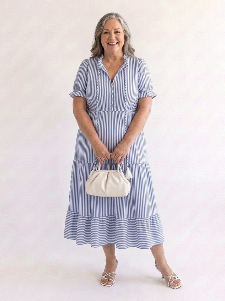 Dakota | Short-Sleeved Striped Layered Midi Dress