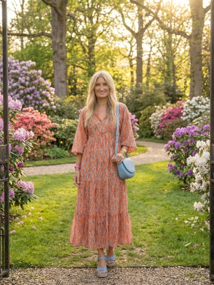Amara | Geometric Print V-Neck Layered Midi Dress