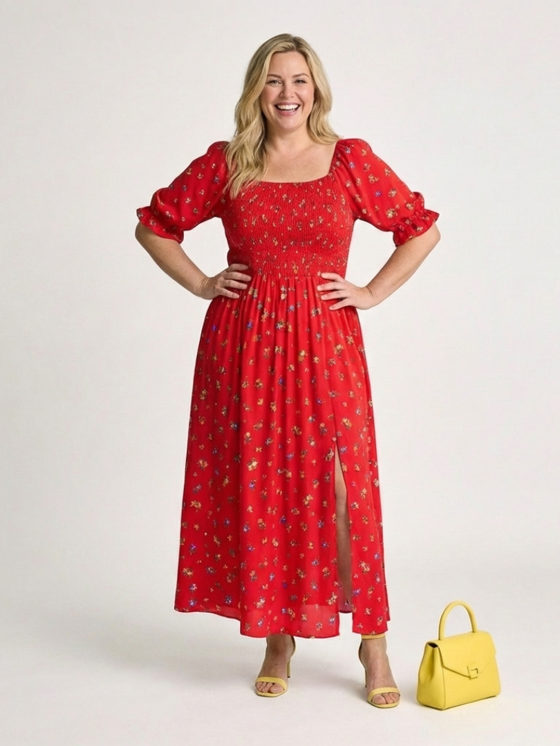 Delphine | Midi Dress with Square Neckline and Floral Pattern