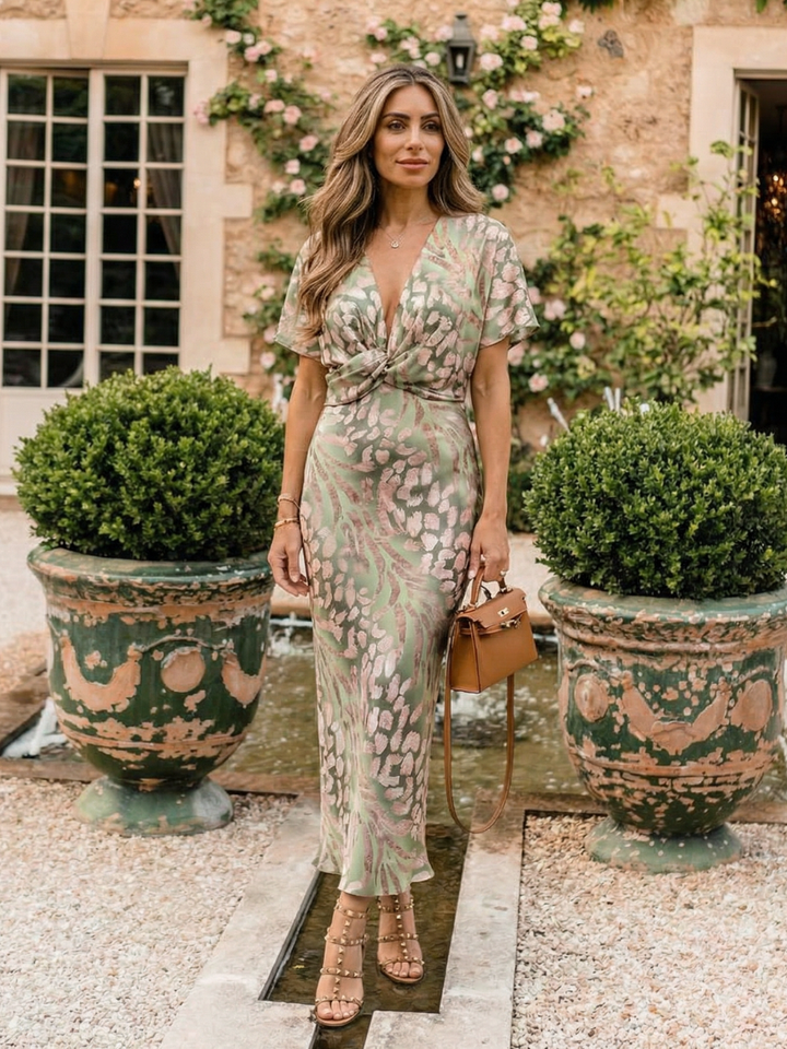Coralie | Abstract Print V-Neck Wrap Waist Midi Dress