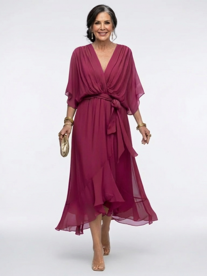Elysia | V-Neck Draped Waist Midi Dress