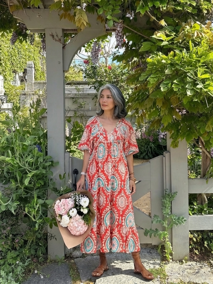 Zaria | Paisley-Print V-Neck Short Sleeve Midi Dress