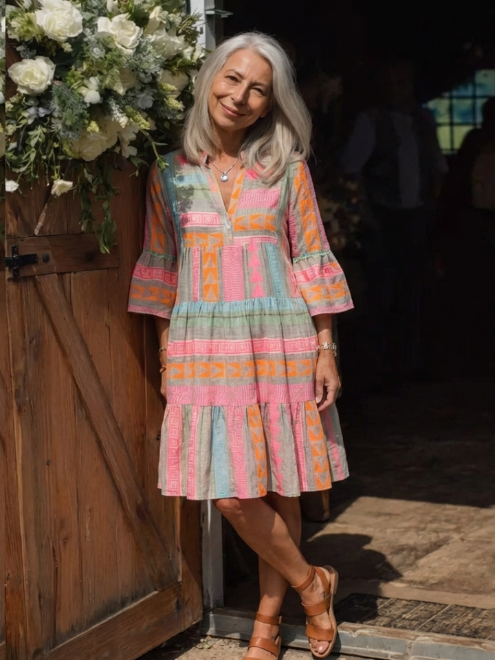 Maelle | Geometric Print V-Neck Tiered Dress in Knee Length