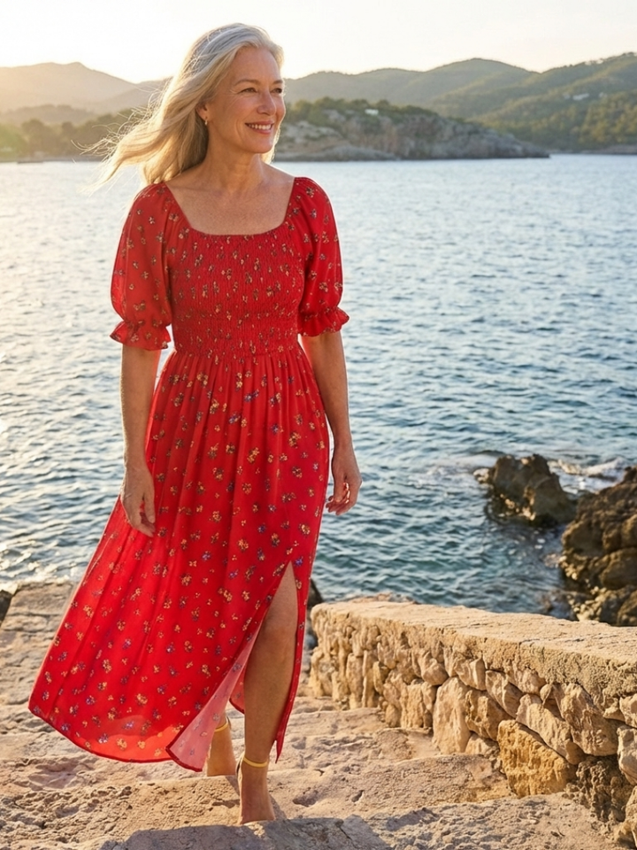 Delphine | Midi Dress with Square Neckline and Floral Pattern