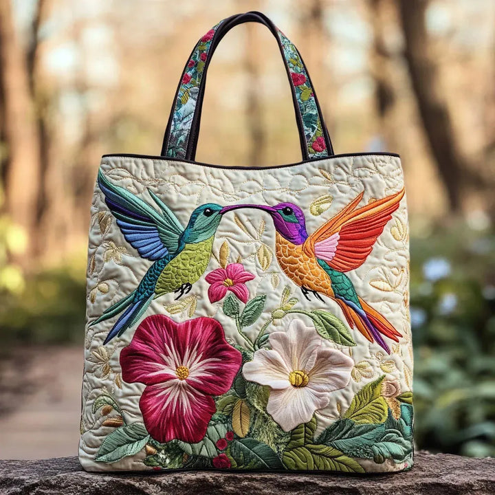 Hummingbird and White Floral Quilted Bag