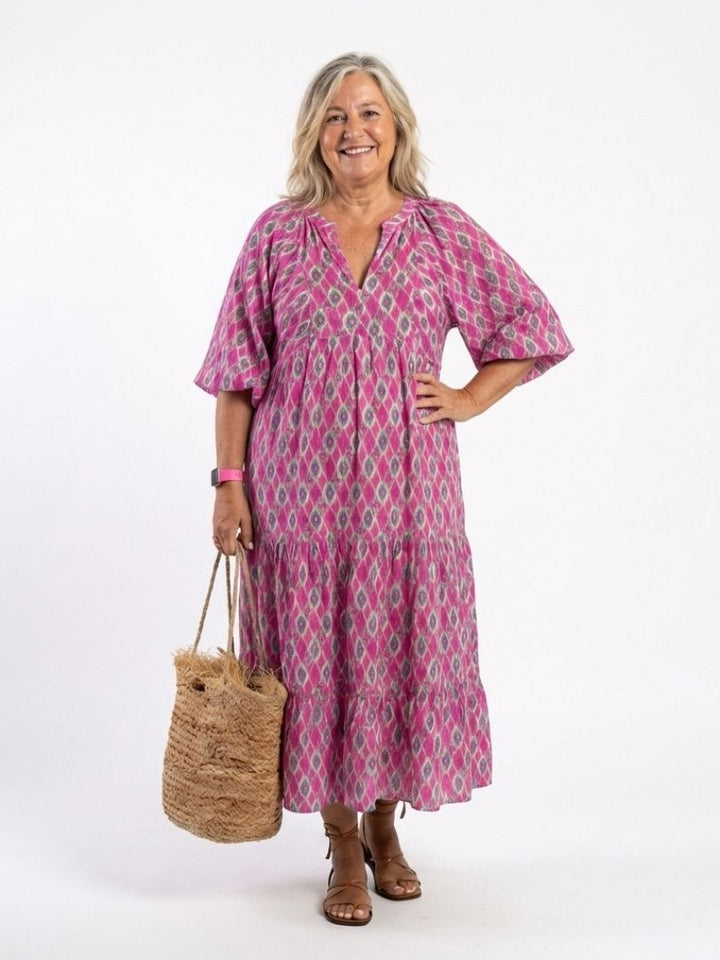 Apolline | Three-Quarter Sleeve V-Neck Patterned Midi Dress