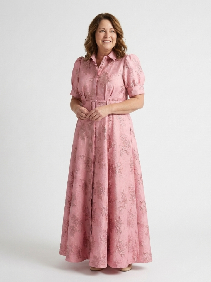 Xanthea | Short-Sleeved, Fitted, Floral Textured Maxi Shirt Dress