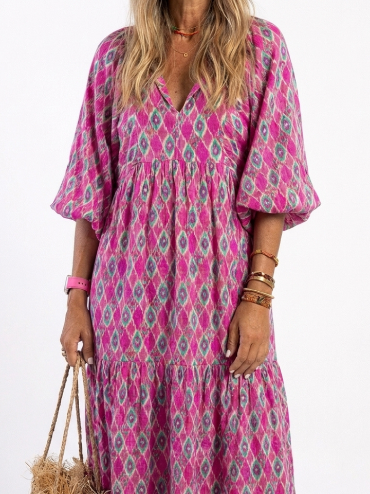 Apolline | Three-Quarter Sleeve V-Neck Patterned Midi Dress
