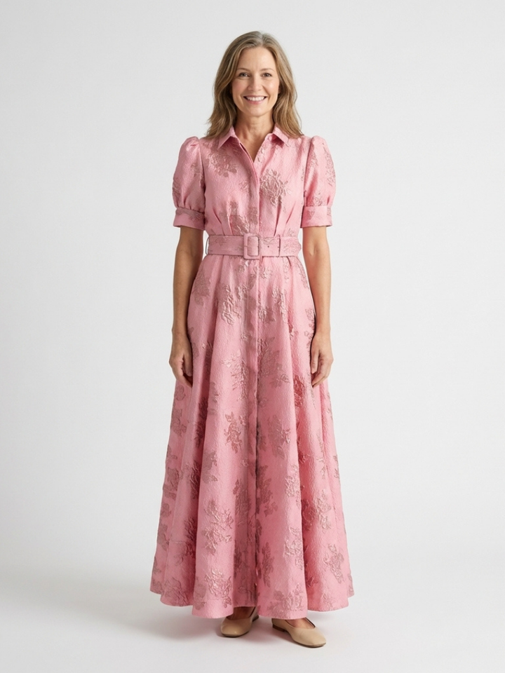 Xanthea | Short-Sleeved, Fitted, Floral Textured Maxi Shirt Dress