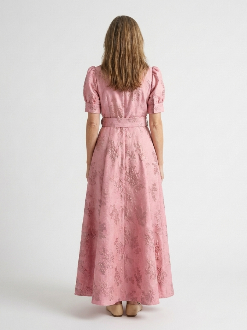 Xanthea | Short-Sleeved, Fitted, Floral Textured Maxi Shirt Dress