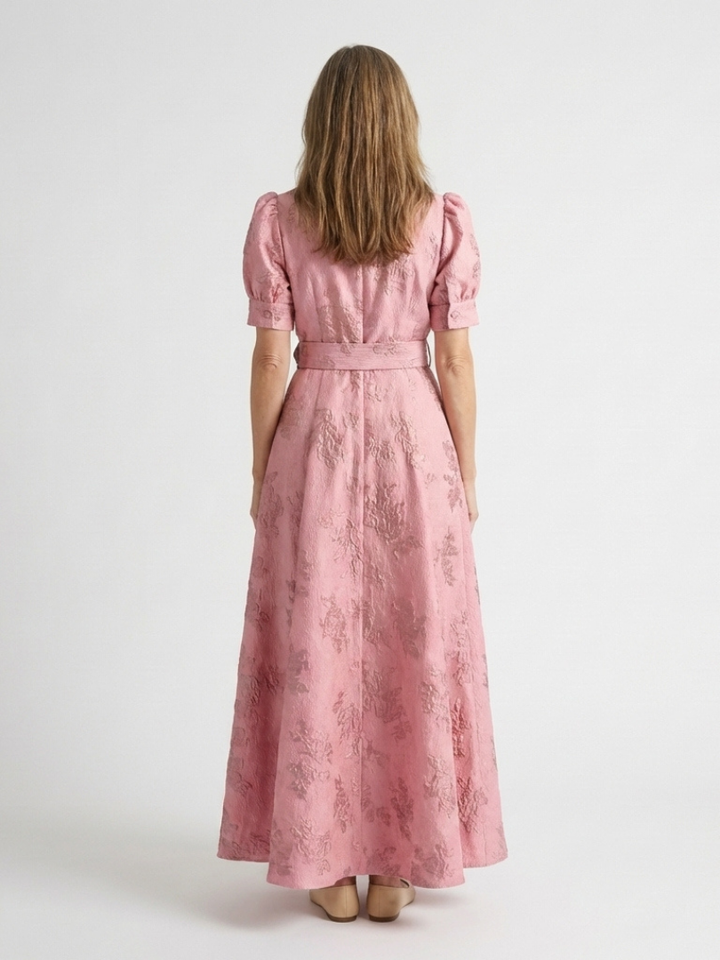 Xanthea | Short-Sleeved, Fitted, Floral Textured Maxi Shirt Dress