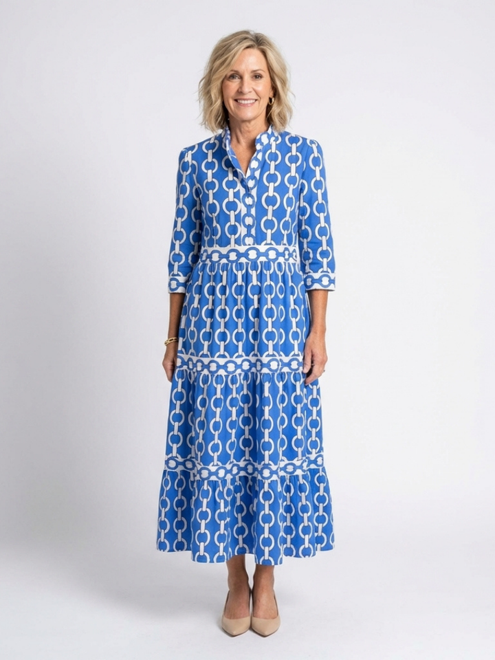 Ysolde | Midi Dress with 3/4 Sleeves and Chain Pattern