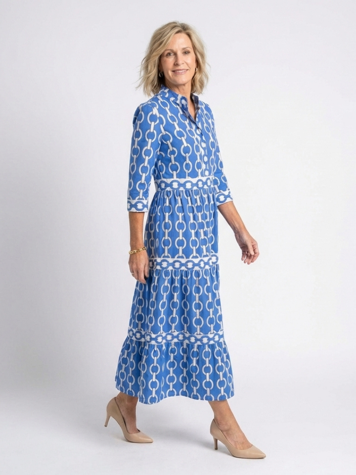 Ysolde | Midi Dress with 3/4 Sleeves and Chain Pattern