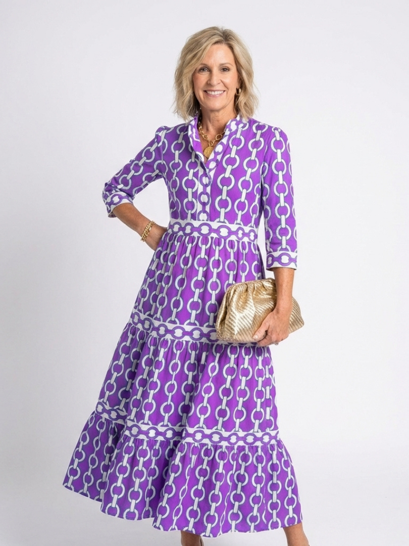 Ysolde | Midi Dress with 3/4 Sleeves and Chain Pattern