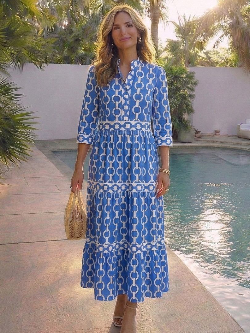 Ysolde | Midi Dress with 3/4 Sleeves and Chain Pattern
