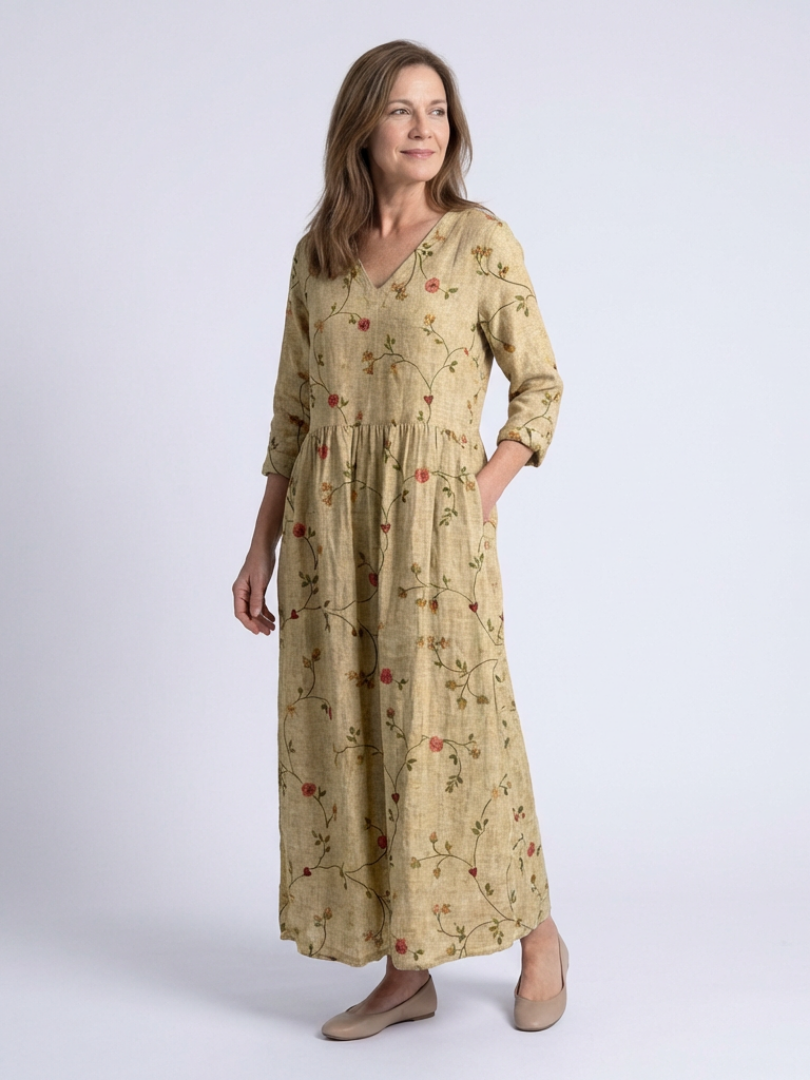 Marina | Floral V-Neck Maxi Dress with Three-Quarter Sleeves