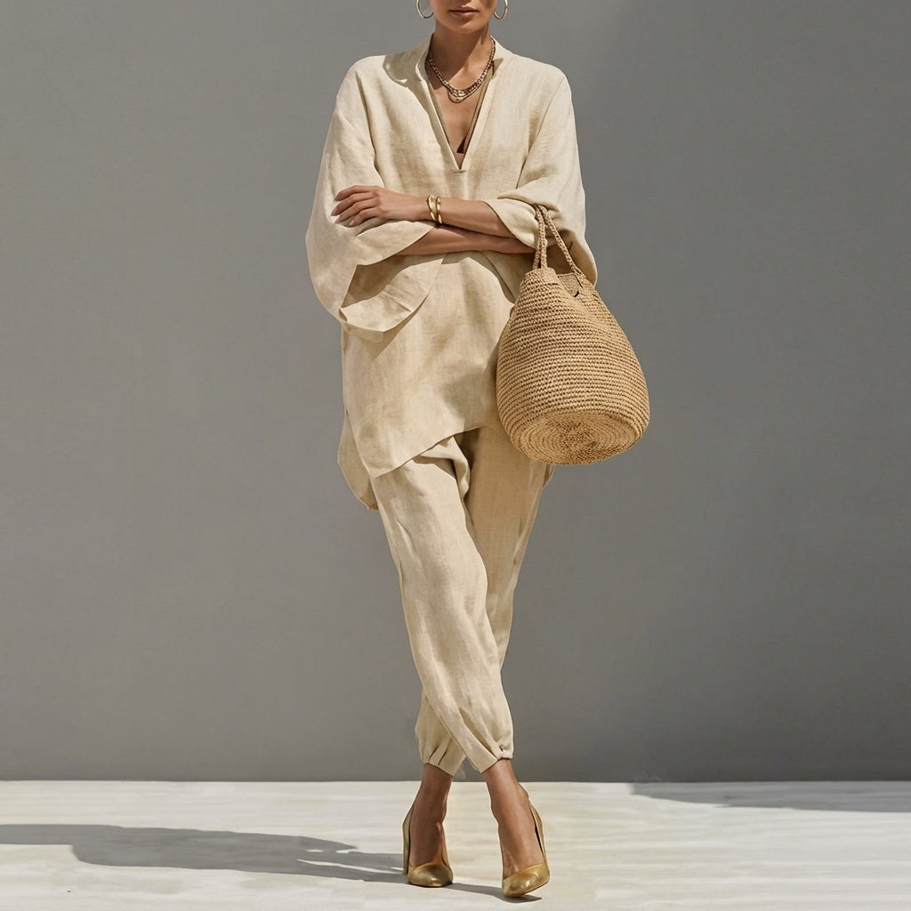 Marina | Relaxed V-Neck Top and Wide-Leg Pants Co-Ord Set