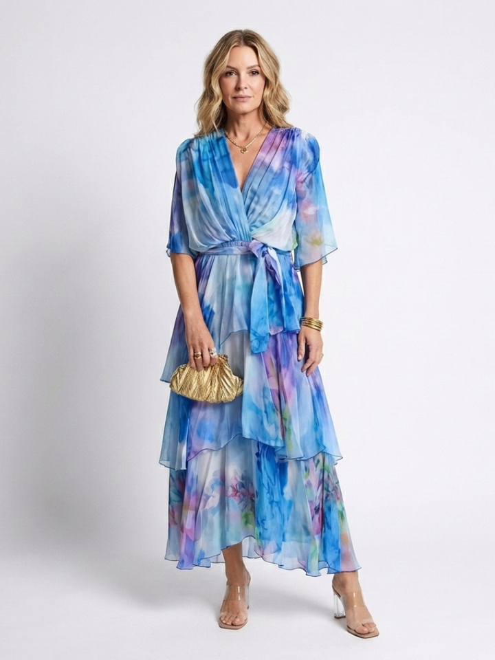 Calista | Sheer Layered V-Neck Maxi Dress with Tie Belt